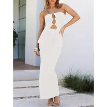 Wenrine Two Piece Sets for Women Summer Bodycon Sexy Outfit Cutout Tube Tops Knit Maxi Skirt Sets Clubwear Dresses White