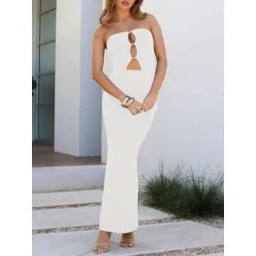 Wenrine Two Piece Sets for Women Summer Bodycon Sexy Outfit Cutout Tube Tops Knit Maxi Skirt Sets Clubwear Dresses White