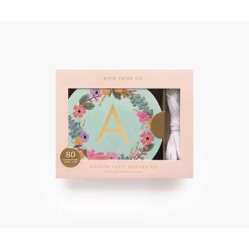 RIFLE PAPER CO. Garden Party Letter Garland, 4.92" L, 4.92" D, 72 Alphabetic Tiles, 8 Floral Tiles, Customize Celebratory Messages, Includes 5 Yards of Ribbon to Hang