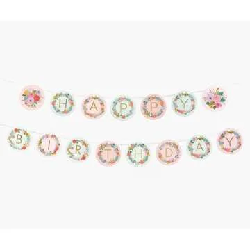 RIFLE PAPER CO. Garden Party Letter Garland, 4.92" L, 4.92" D, 72 Alphabetic Tiles, 8 Floral Tiles, Customize Celebratory Messages, Includes 5 Yards of Ribbon to Hang