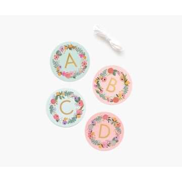 RIFLE PAPER CO. Garden Party Letter Garland, 4.92" L, 4.92" D, 72 Alphabetic Tiles, 8 Floral Tiles, Customize Celebratory Messages, Includes 5 Yards of Ribbon to Hang