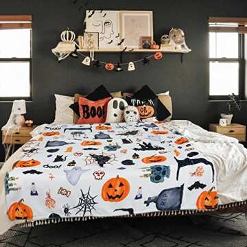 Halloween Blanket White Haunted Throw Pumpkin Ghost Spooky Spider Webs Bat Black Cats Witch's Hat Skull Potions Flannel Halloween Fleece Blankets and Throws (50" x 60")