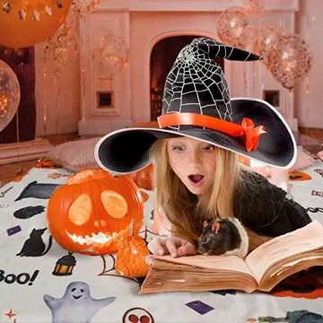 Halloween Blanket White Haunted Throw Pumpkin Ghost Spooky Spider Webs Bat Black Cats Witch's Hat Skull Potions Flannel Halloween Fleece Blankets and Throws (50" x 60")
