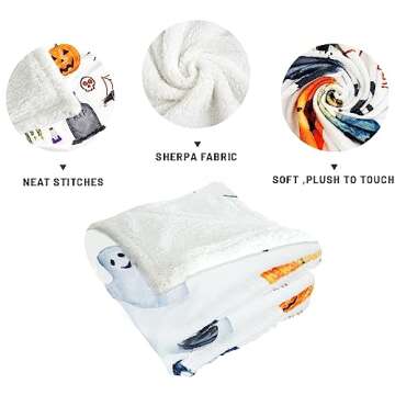 Halloween Blanket White Haunted Throw Pumpkin Ghost Spooky Spider Webs Bat Black Cats Witch's Hat Skull Potions Flannel Halloween Fleece Blankets and Throws (50" x 60")