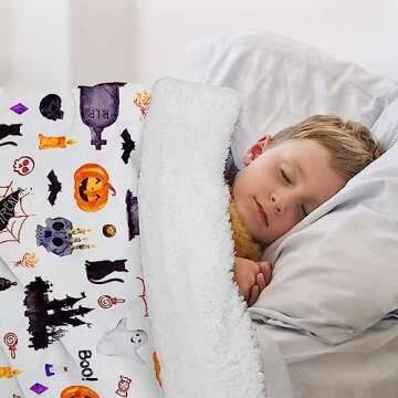 Halloween Blanket White Haunted Throw Pumpkin Ghost Spooky Spider Webs Bat Black Cats Witch's Hat Skull Potions Flannel Halloween Fleece Blankets and Throws (50" x 60")
