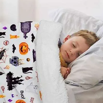 Halloween Blanket White Haunted Throw Pumpkin Ghost Spooky Spider Webs Bat Black Cats Witch's Hat Skull Potions Flannel Halloween Fleece Blankets and Throws (50" x 60")