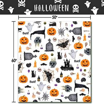 Halloween Blanket White Haunted Throw Pumpkin Ghost Spooky Spider Webs Bat Black Cats Witch's Hat Skull Potions Flannel Halloween Fleece Blankets and Throws (50" x 60")