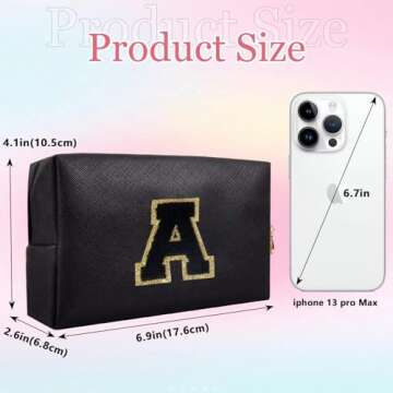 Small Personalized Initial Letter Makeup Bag, Cute Waterproof PU Leather Chenille Letter Cosmetic Ba...
