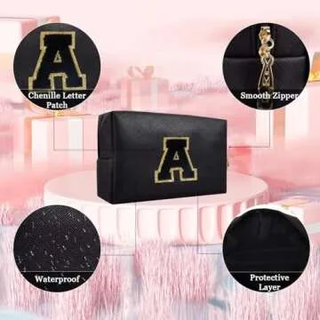 Small Personalized Initial Letter Makeup Bag, Cute Waterproof PU Leather Chenille Letter Cosmetic Bag Travel Makeup Bag, Preppy Makeup Pouch Toiletry Zipper Pouch Organizer for Women and Girls(Black-A
