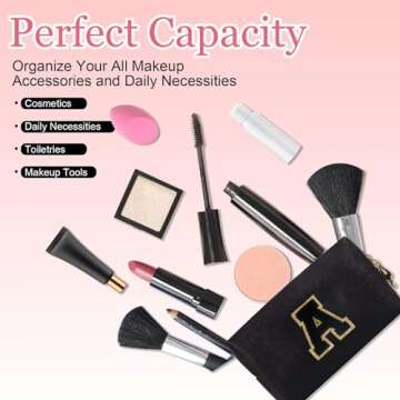 Small Personalized Initial Letter Makeup Bag, Cute Waterproof PU Leather Chenille Letter Cosmetic Bag Travel Makeup Bag, Preppy Makeup Pouch Toiletry Zipper Pouch Organizer for Women and Girls(Black-A