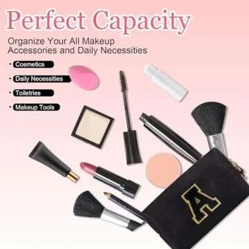 Small Personalized Initial Letter Makeup Bag, Cute Waterproof PU Leather Chenille Letter Cosmetic Bag Travel Makeup Bag, Preppy Makeup Pouch Toiletry Zipper Pouch Organizer for Women and Girls(Black-A