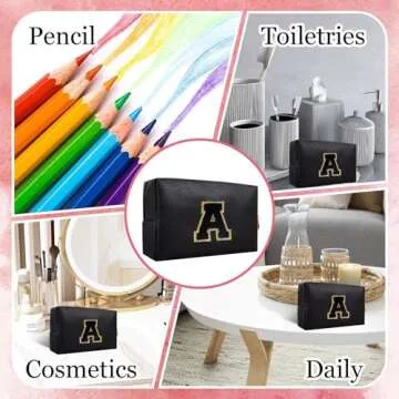 Small Personalized Initial Letter Makeup Bag, Cute Waterproof PU Leather Chenille Letter Cosmetic Bag Travel Makeup Bag, Preppy Makeup Pouch Toiletry Zipper Pouch Organizer for Women and Girls(Black-A