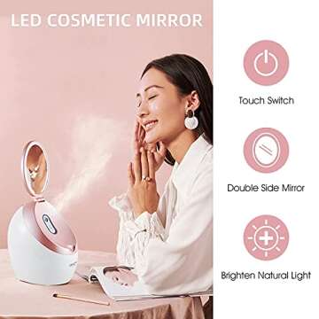 Facial Steamer OKACHI Steamer Face Steamer Professional Nano Steamer for Face Deep Cleaning - LED Makeup Mirror - Perfect Steam Temp - Home Sauna Humidifier - Deep Moisturizing(Pink1)