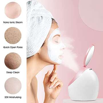 Facial Steamer OKACHI Steamer Face Steamer Professional Nano Steamer for Face Deep Cleaning - LED Makeup Mirror - Perfect Steam Temp - Home Sauna Humidifier - Deep Moisturizing(Pink1)