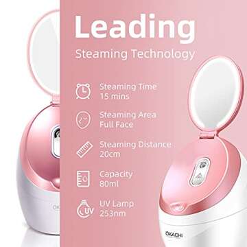 Facial Steamer OKACHI Steamer Face Steamer Professional Nano Steamer for Face Deep Cleaning - LED Makeup Mirror - Perfect Steam Temp - Home Sauna Humidifier - Deep Moisturizing(Pink1)