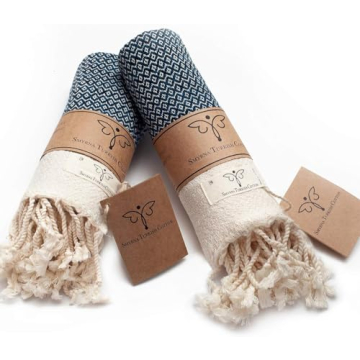 SMYRNA TURKISH COTTON Vintage Series Turkish Hand Towels, 16x40 inch Decorative Set of 2 in Navy wit...