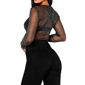 BelleLovin Women's Long Sleeve Glitter Mesh Tee Tops Sexy Night Out Blouse (Black - Mock Neck, Medium)