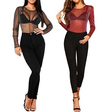 BelleLovin Women's Long Sleeve Glitter Mesh Tee Tops Sexy Night Out Blouse (Black - Mock Neck, Medium)