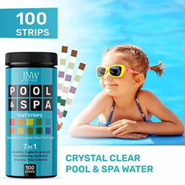 7-Way Pool Test Strips, 100 Quick & Accurate Pool and Spa Test Strips, Pool Water Test Kit - Chlorine, Bromine, pH, Hardness, Alkalinity, Pool Water Tests, Spa and Hot Tub Test Strips with Ebook - JNW