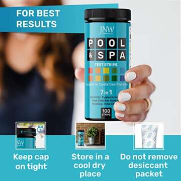 7-Way Pool Test Strips, 100 Quick & Accurate Pool and Spa Test Strips, Pool Water Test Kit - Chlorine, Bromine, pH, Hardness, Alkalinity, Pool Water Tests, Spa and Hot Tub Test Strips with Ebook - JNW