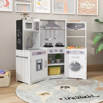 TaoHFE Corner Play Kitchen with Lights and Sounds White Kitchen Kids Toddler Kitchen Set with Washer Chalkboard Wooden Kitchen Kids Playset with Washing Machine Range Hood Girls Boys Gift for Ages 3+