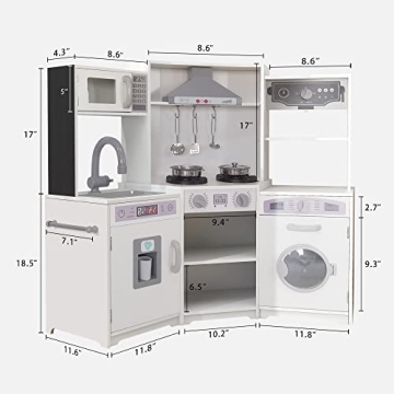 TaoHFE Corner Play Kitchen with Lights and Sounds White Kitchen Kids Toddler Kitchen Set with Washer Chalkboard Wooden Kitchen Kids Playset with Washing Machine Range Hood Girls Boys Gift for Ages 3+