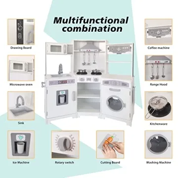 TaoHFE Corner Play Kitchen with Lights and Sounds White Kitchen Kids Toddler Kitchen Set with Washer Chalkboard Wooden Kitchen Kids Playset with Washing Machine Range Hood Girls Boys Gift for Ages 3+