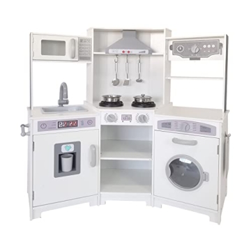 TaoHFE Corner Play Kitchen with Lights and Sounds White Kitchen Kids Toddler Kitchen Set with Washer Chalkboard Wooden Kitchen Kids Playset with Washing Machine Range Hood Girls Boys Gift for Ages 3+