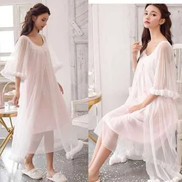 Womens Sexy Vintage Loungedress Nightgown 2 pcs Victorian Sleepwear Nightshirt Girls Pajamas (Light Pink)