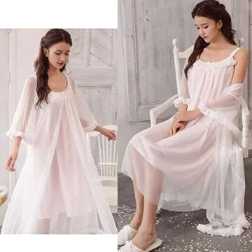 Womens Sexy Vintage Loungedress Nightgown 2 pcs Victorian Sleepwear Nightshirt Girls Pajamas (Light Pink)