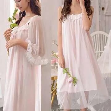 Womens Sexy Vintage Loungedress Nightgown 2 pcs Victorian Sleepwear Nightshirt Girls Pajamas (Light Pink)