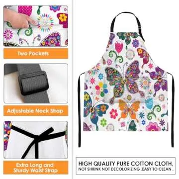 Britimes Apron Home Kitchen Cooking Baking Gardening for Women Men With Pockets Floral Colorful Butterflies Flowers Romantic 32x28 inch