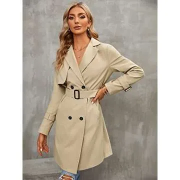 Makkrom Women's Double-Breasted Trench Coat Classic Lapel Overcoat Slim Outwear with Belt Buckle