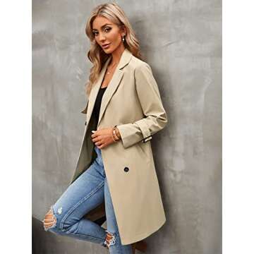 Makkrom Women's Double-Breasted Trench Coat Classic Lapel Overcoat Slim Outwear with Belt Buckle