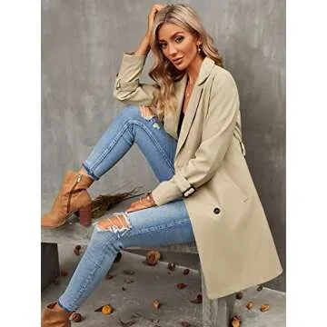 Makkrom Women's Double-Breasted Trench Coat Classic Lapel Overcoat Slim Outwear with Belt Buckle