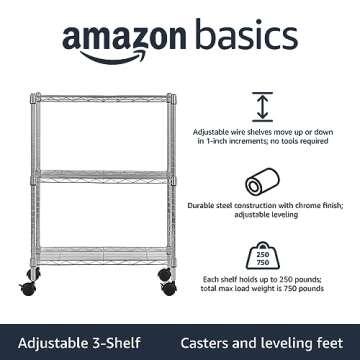 Amazon Basics 3-Shelf Adjustable, Heavy Duty Storage Shelving Unit on 2'' PP Plastic Wheel Casters, Metal Organizer Wire Rack, 23.2" L x 13.4" W x 32.75" H, Chrome