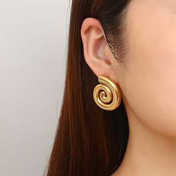 Spiral Earrings For Women, Chunky 18k Gold Stainless Steel Rotating Pattern Thread Stud Gift Jewelry...