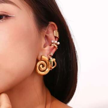Spiral Earrings For Women, Chunky 18k Gold Stainless Steel Rotating Pattern Thread Stud Gift Jewelry (Spiral Chunky Gold)