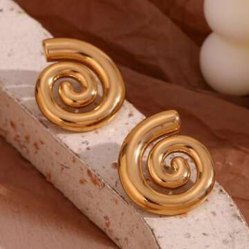 Spiral Earrings For Women, Chunky 18k Gold Stainless Steel Rotating Pattern Thread Stud Gift Jewelry (Spiral Chunky Gold)
