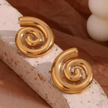 Spiral Earrings For Women, Chunky 18k Gold Stainless Steel Rotating Pattern Thread Stud Gift Jewelry (Spiral Chunky Gold)