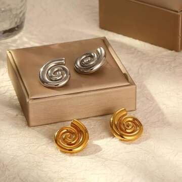 Spiral Earrings For Women, Chunky 18k Gold Stainless Steel Rotating Pattern Thread Stud Gift Jewelry (Spiral Chunky Gold)