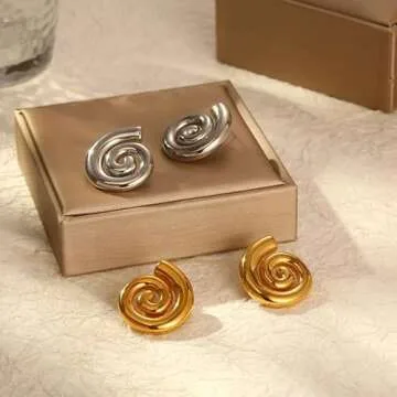 Spiral Earrings For Women, Chunky 18k Gold Stainless Steel Rotating Pattern Thread Stud Gift Jewelry (Spiral Chunky Gold)