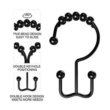 VMVN Shower Curtain Hooks Rings, Rust Resistant Shower Curtain Rings Metal Hook Double Glide Rollers...