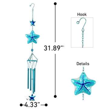 CoTa Global Blue Starfish Sea Glass Hanging Wind Chime 31.89 Inch, Nautical Star Fish Glass Windchim...