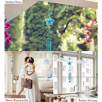 CoTa Global Blue Starfish Sea Glass Hanging Wind Chime 31.89 Inch, Nautical Star Fish Glass Windchime Outdoor Decor for a Harmonic Porch, Patio & Garden, Unique Beach Indoor Wind Chime Window Mobile