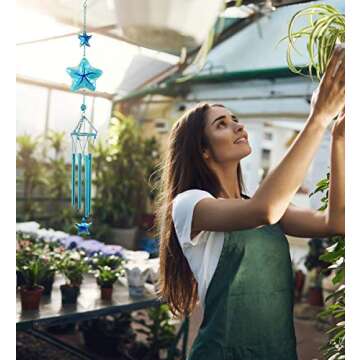 CoTa Global Blue Starfish Sea Glass Hanging Wind Chime 31.89 Inch, Nautical Star Fish Glass Windchime Outdoor Decor for a Harmonic Porch, Patio & Garden, Unique Beach Indoor Wind Chime Window Mobile