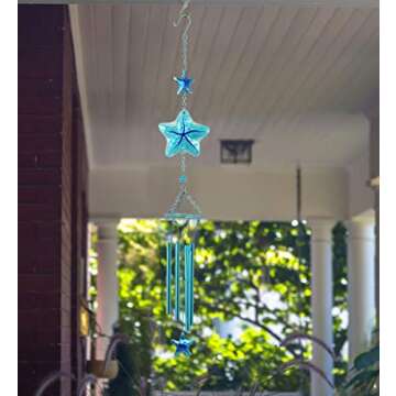 CoTa Global Blue Starfish Sea Glass Hanging Wind Chime 31.89 Inch, Nautical Star Fish Glass Windchime Outdoor Decor for a Harmonic Porch, Patio & Garden, Unique Beach Indoor Wind Chime Window Mobile