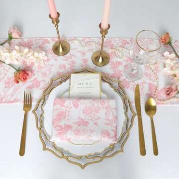 Elegant Coral French Toile Table Runner - Perfect for Weddings, Events, and Everyday Use 10.5 x 104 ...