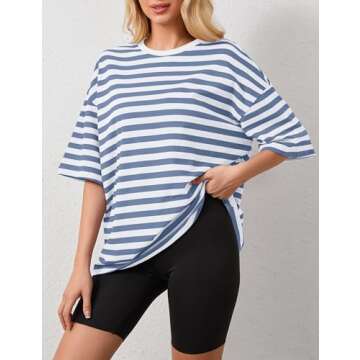 Anoumcy Cotton Striped Oversized Tshirts for Women Color Block T-Shirts Short Sleeve Summer Tee Shirt Loose Blue L