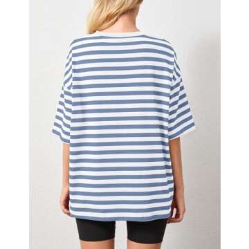 Anoumcy Cotton Striped Oversized Tshirts for Women Color Block T-Shirts Short Sleeve Summer Tee Shirt Loose Blue L